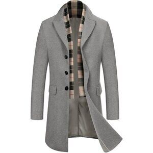 Men's Light Grey Trench Overcoat Wool Blend Coat with Detachable Single Breasted